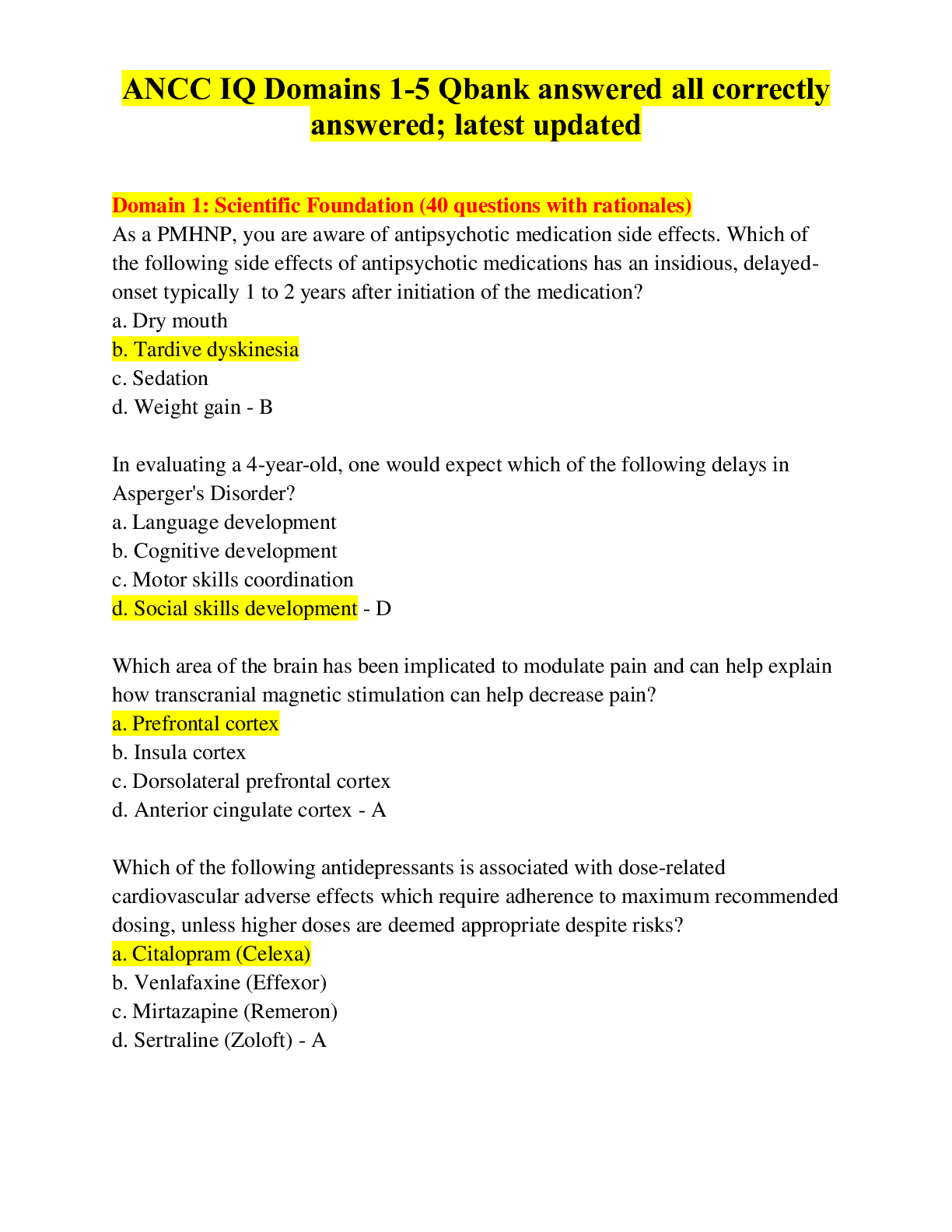 Preview image for ANCC IQ Domains 1-5 Qbank answered all correctly answered; latest updated